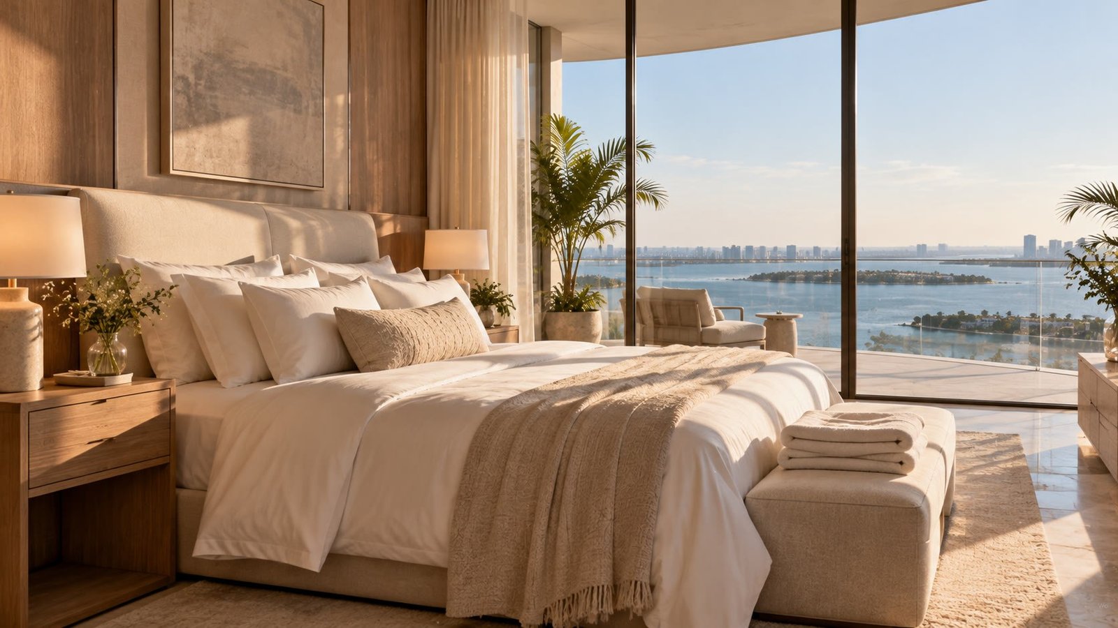 Ocean view bedroom made up by housekeeping